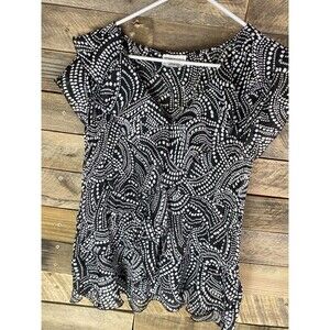 Bethany Women's Sz L Black & White Geometric Sleeveless Sheer V-Neck Ruffled Top